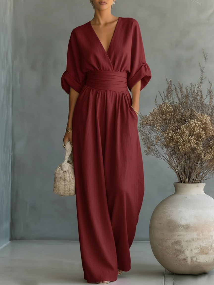 Combinaison élégante à col en V et taille haute