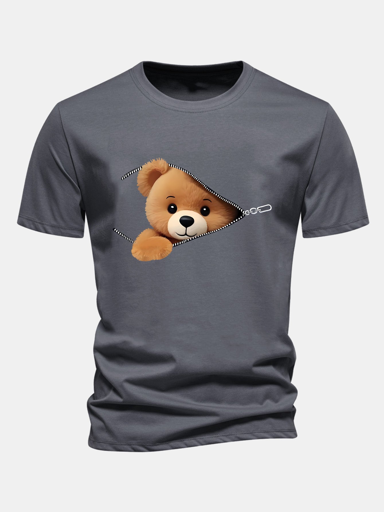 Regular Fit Zipper Bear Print Cotton T-Shirt