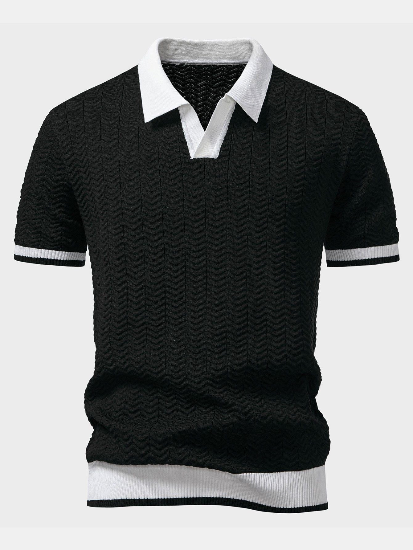 Texture Contrast Knitted V Neck Polo Shirt