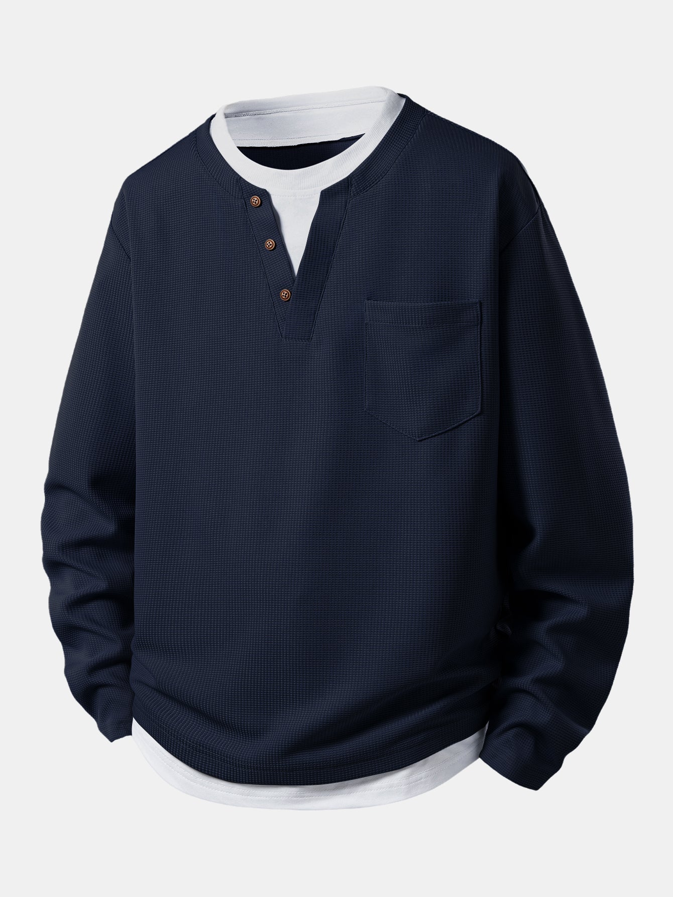 2 In 1 Button V-Neck Waffle T-Shirt With Pocket