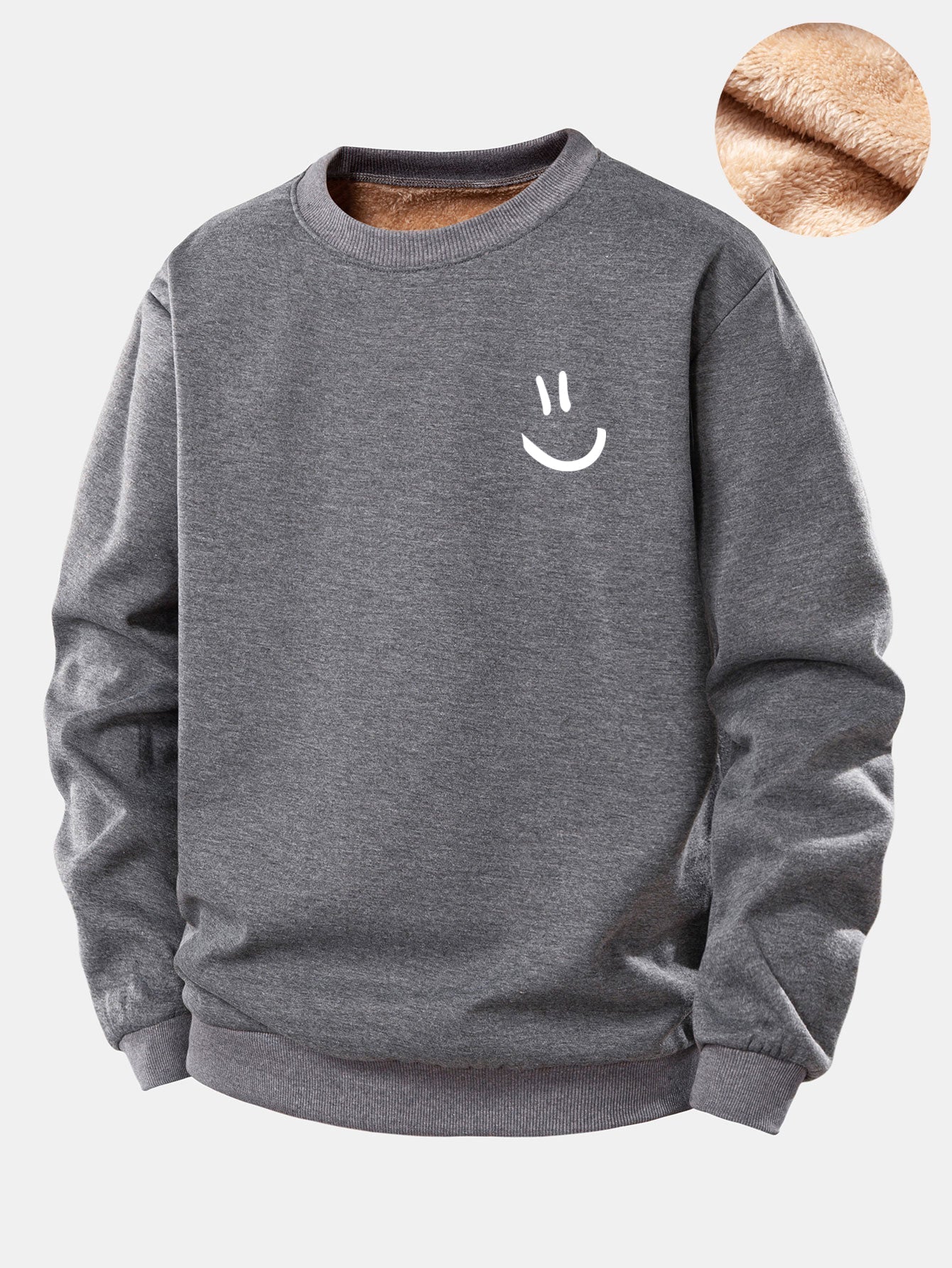 Smiley Face Print Teddy Fleece Lined Sweatshirt
