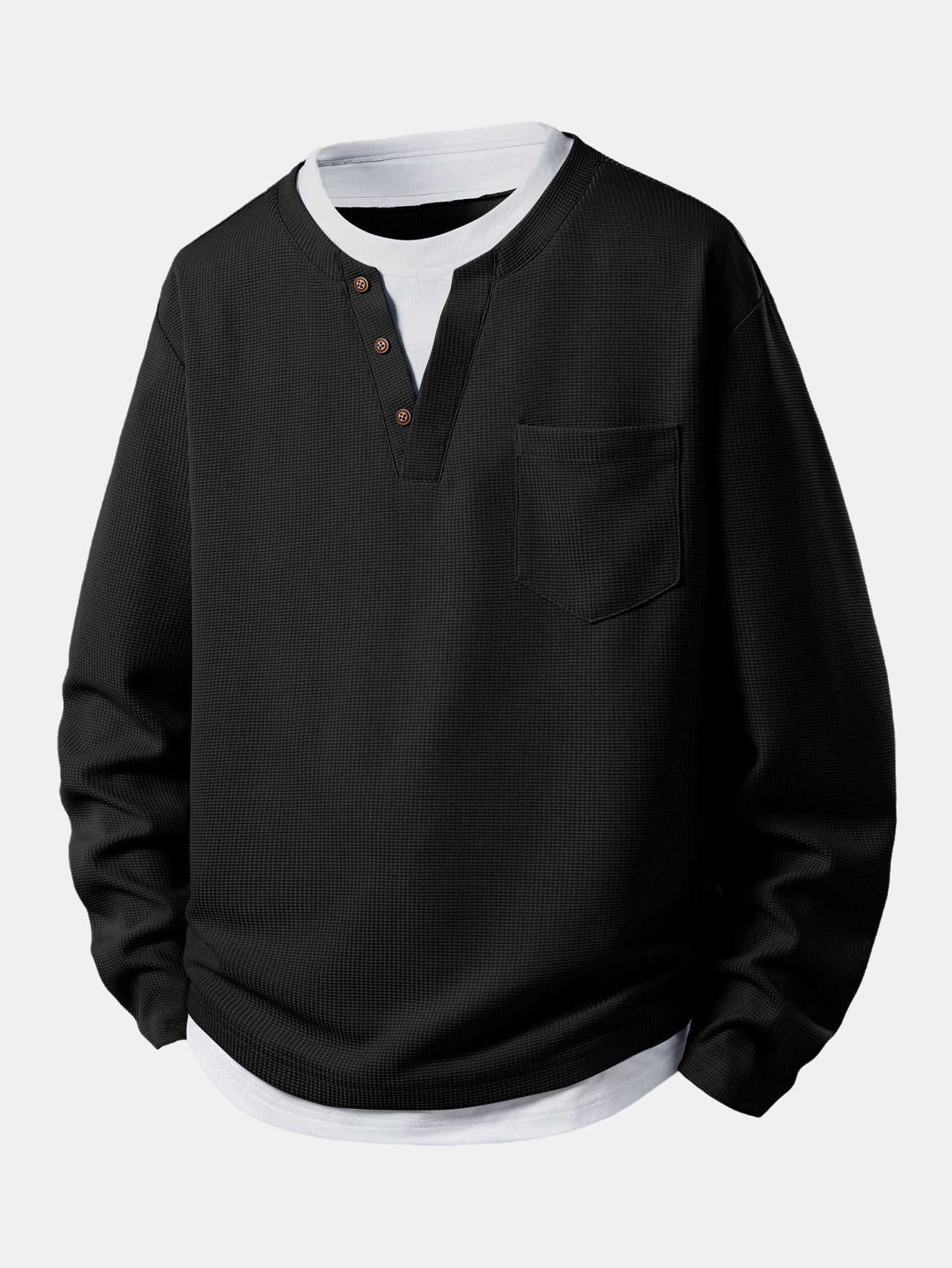 2 In 1 Button V-Neck Waffle T-Shirt With Pocket