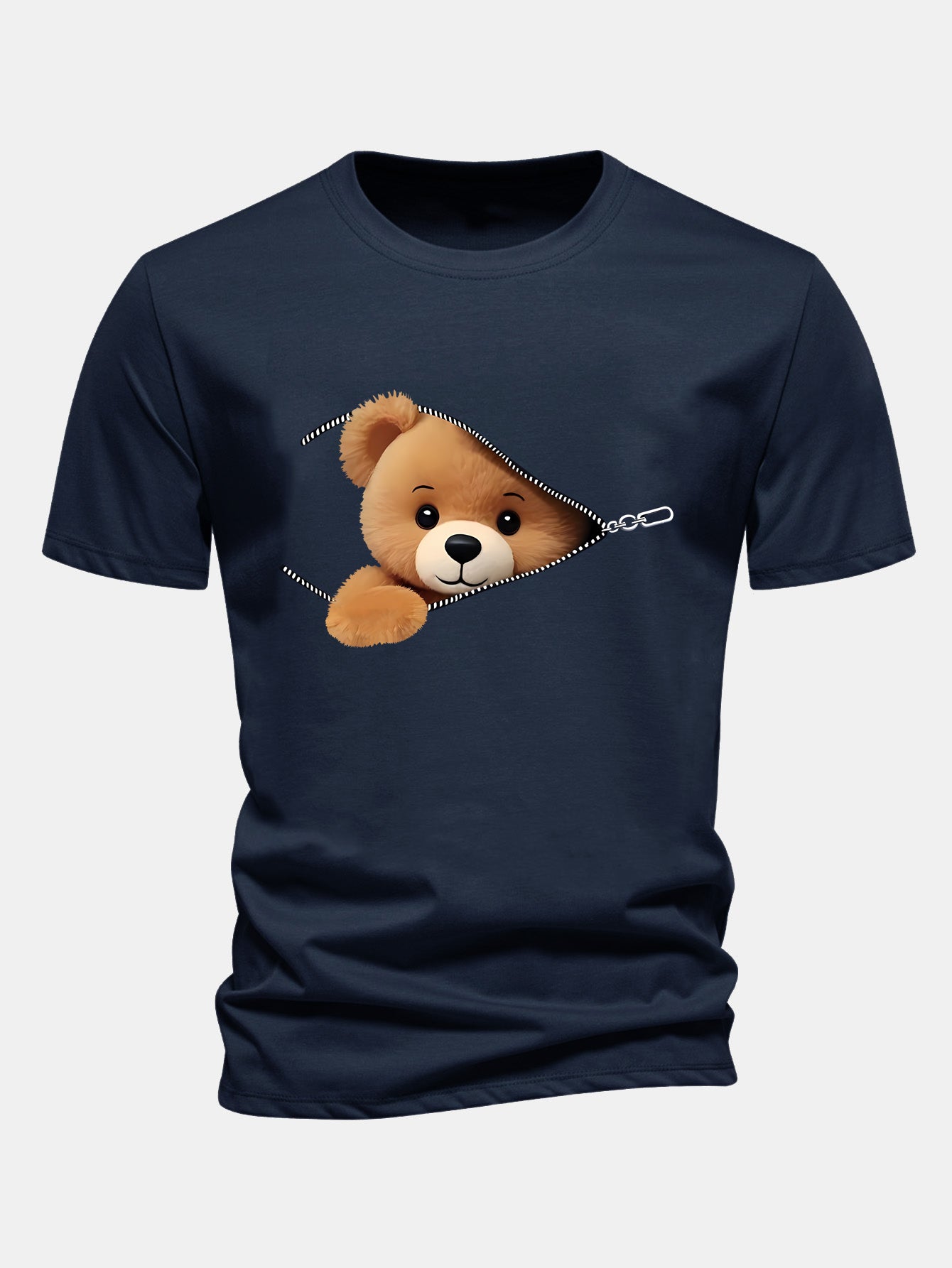 Regular Fit Zipper Bear Print Cotton T-Shirt