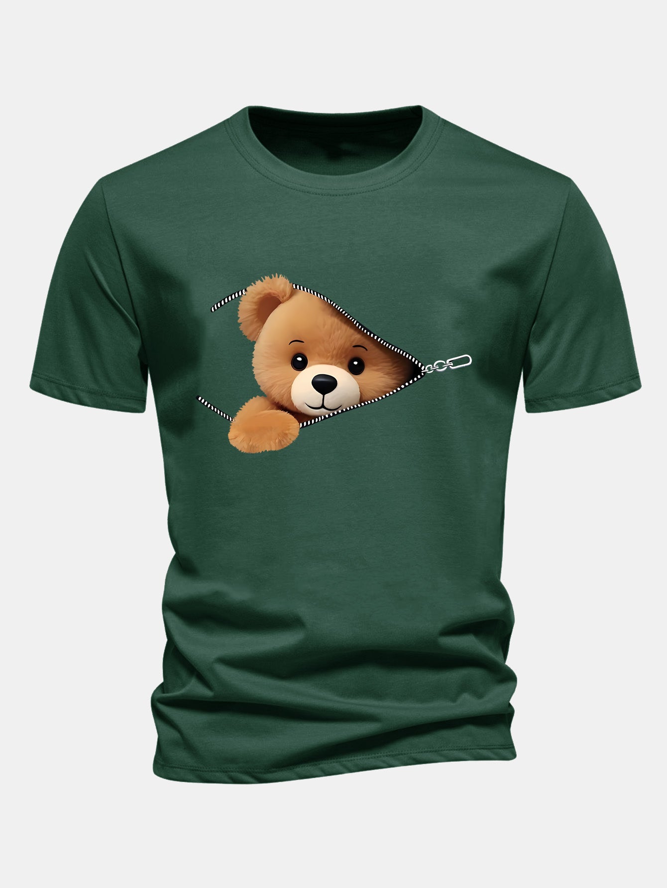 Regular Fit Zipper Bear Print Cotton T-Shirt