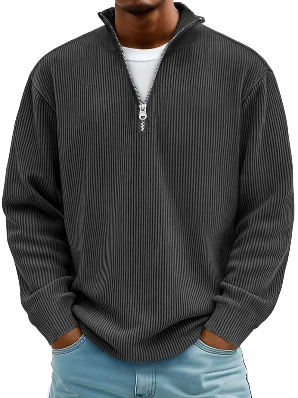 PULL CLASSIQUE EN MAILLE CÔTELÉE DEMI-ZIP POUR HOMME