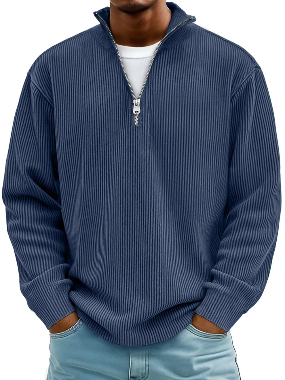 PULL CLASSIQUE EN MAILLE CÔTELÉE DEMI-ZIP POUR HOMME