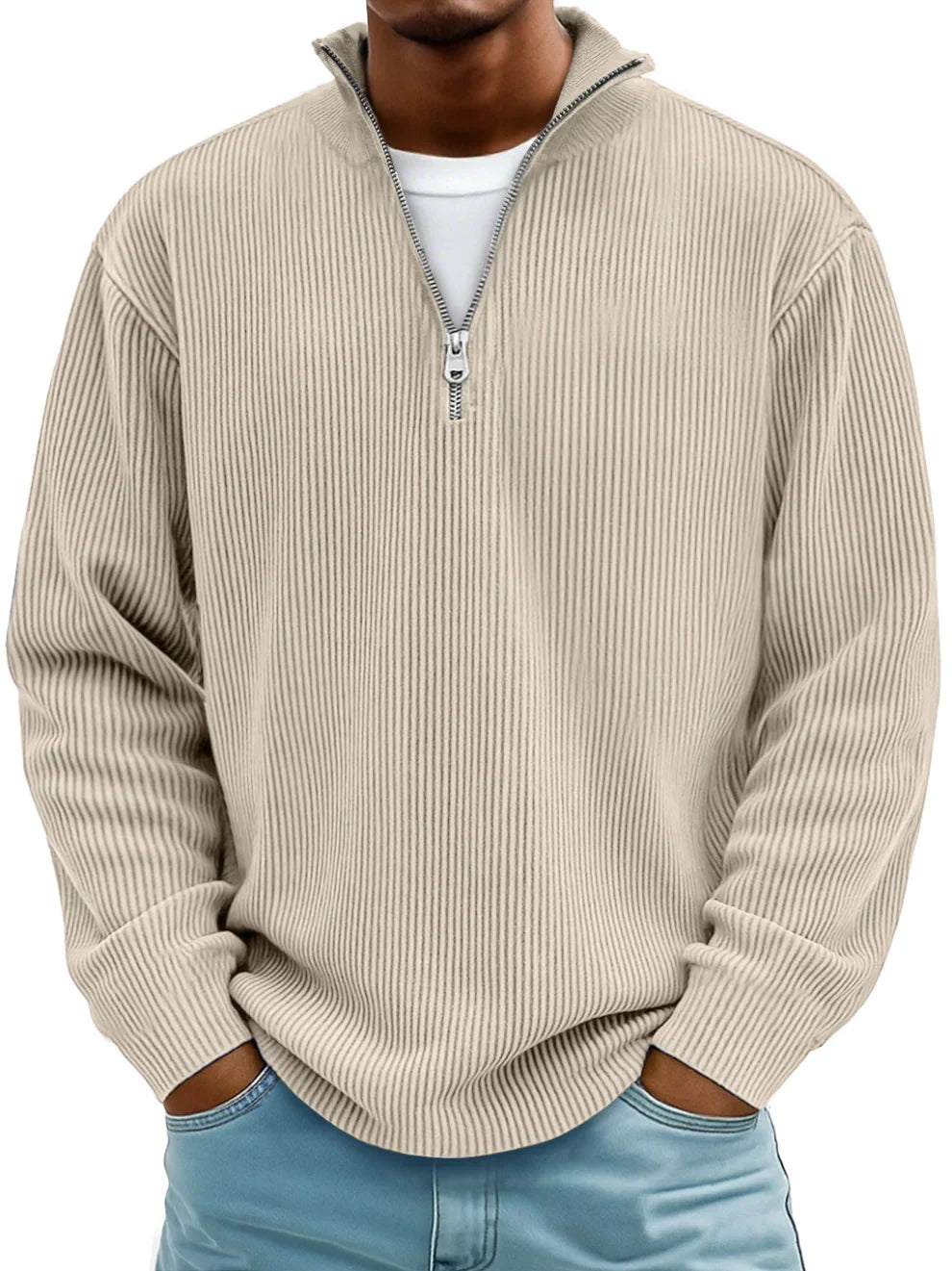 PULL CLASSIQUE EN MAILLE CÔTELÉE DEMI-ZIP POUR HOMME