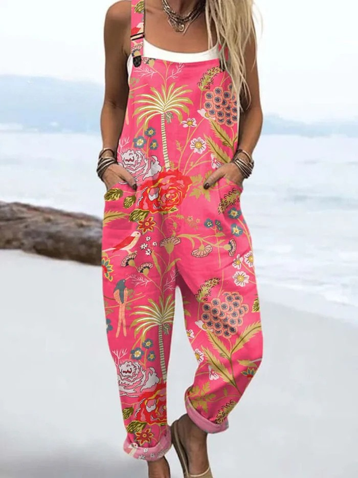 Casual Wide Leg Jumpsuit with Vintage Floral Art Print for Women