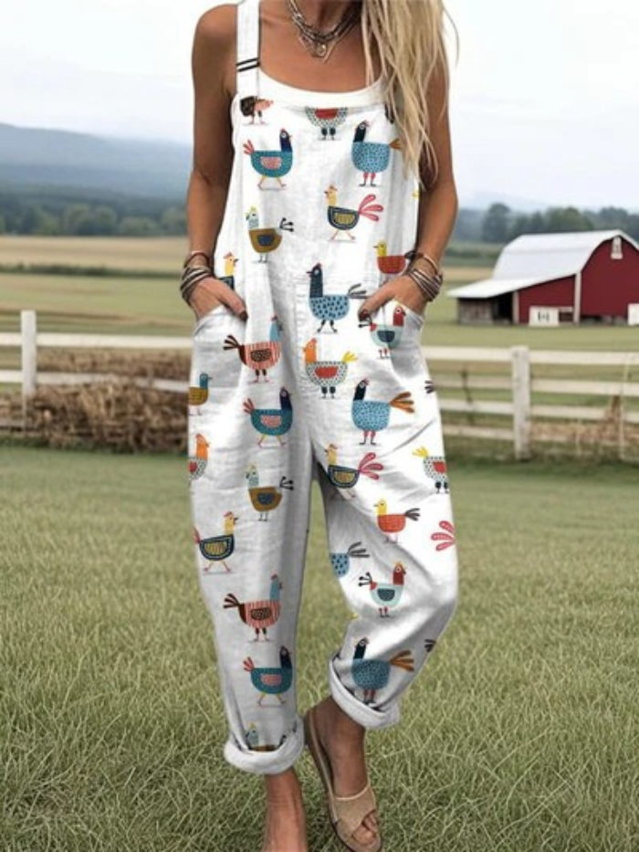 Casual Wide Leg Jumpsuit with Fun Chicken Print