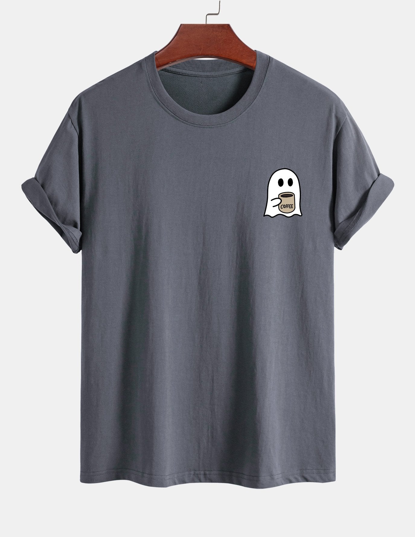 Regular Fit Ghost Drinking Coffee Print Cotton T-Shirt