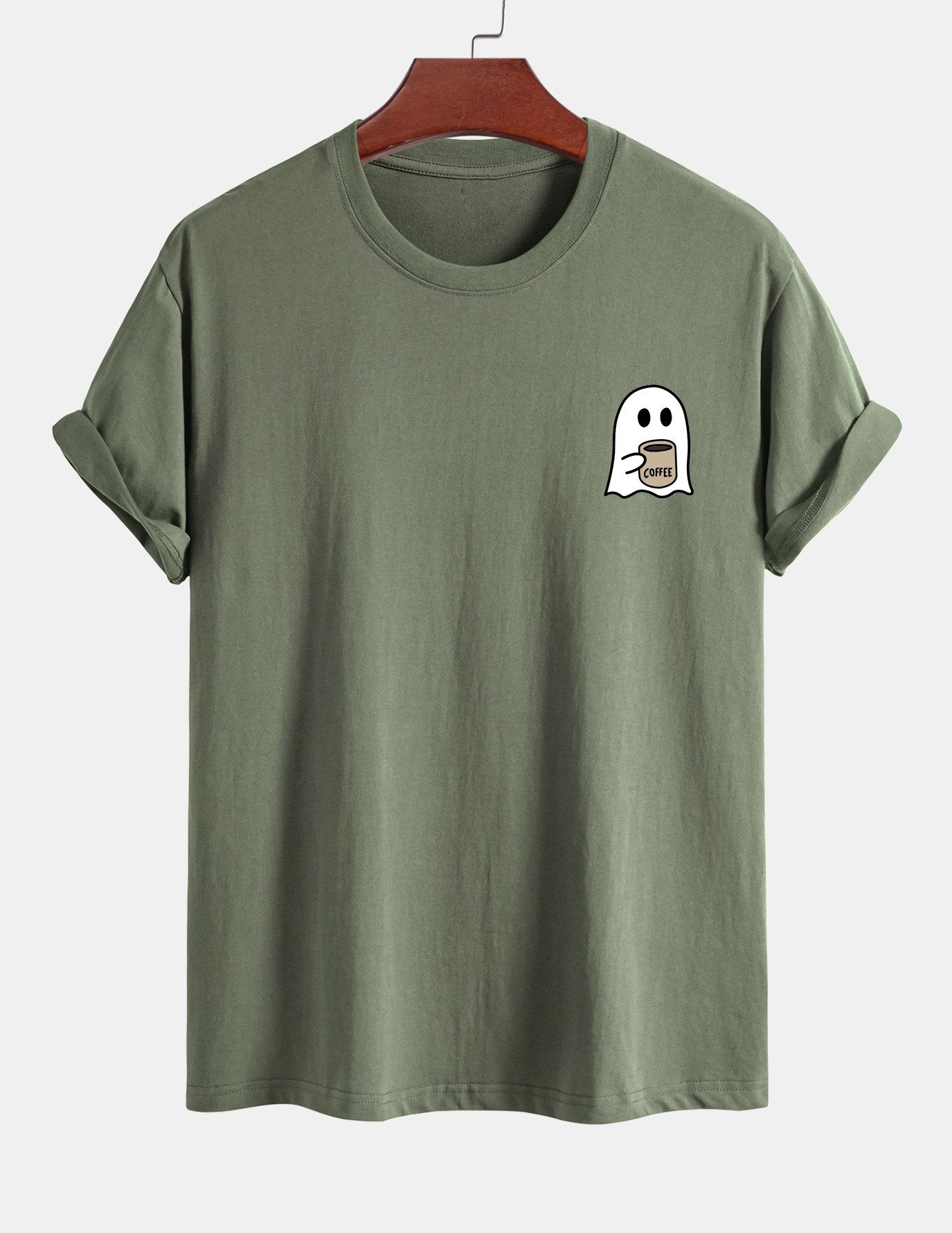 Regular Fit Ghost Drinking Coffee Print Cotton T-Shirt