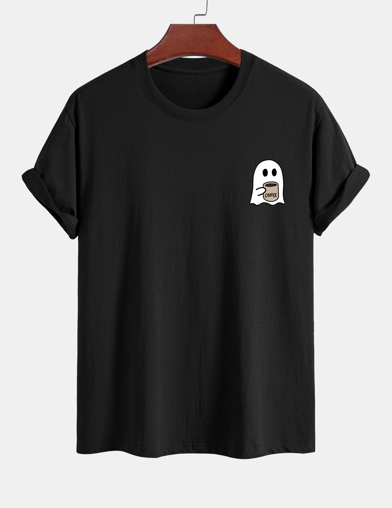 Regular Fit Ghost Drinking Coffee Print Cotton T-Shirt