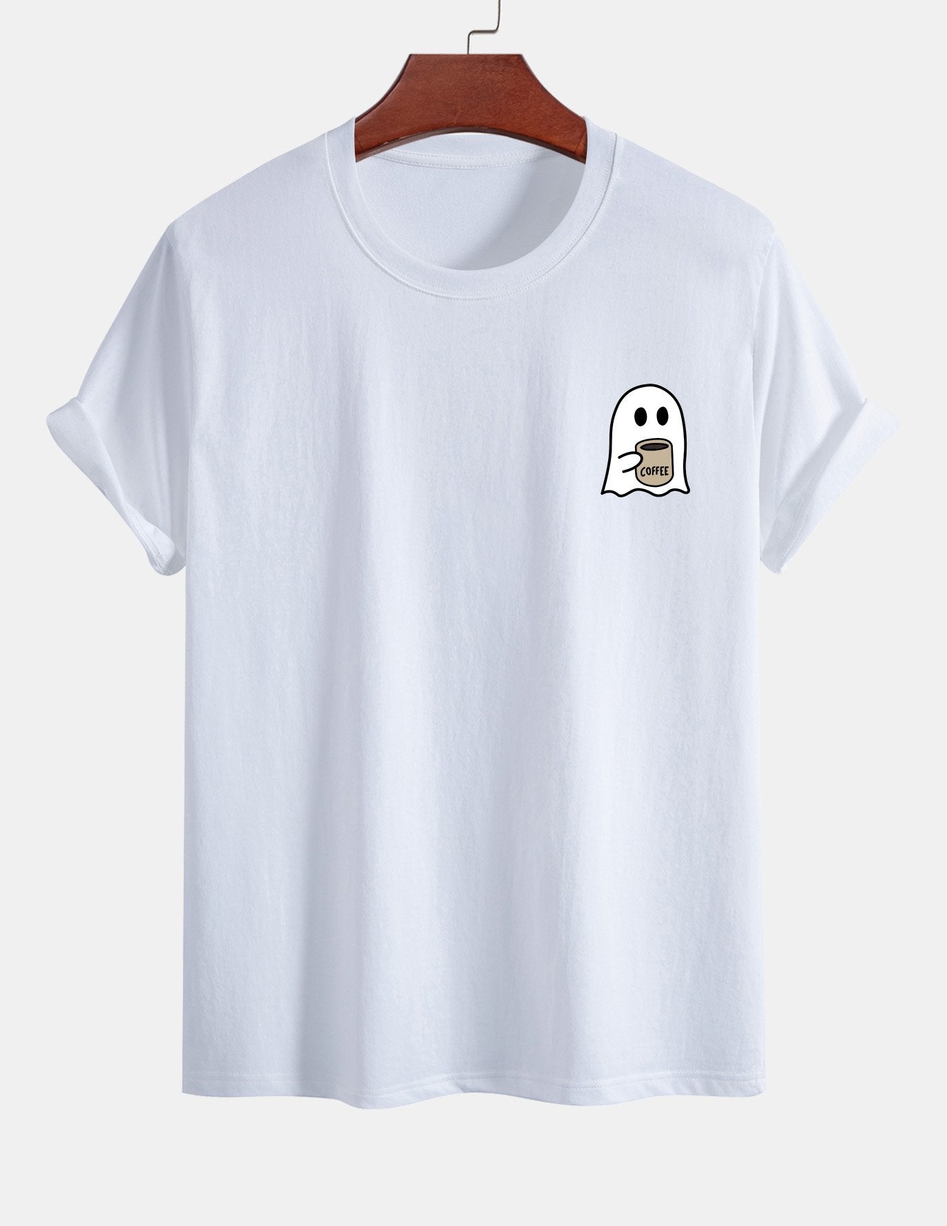 Regular Fit Ghost Drinking Coffee Print Cotton T-Shirt