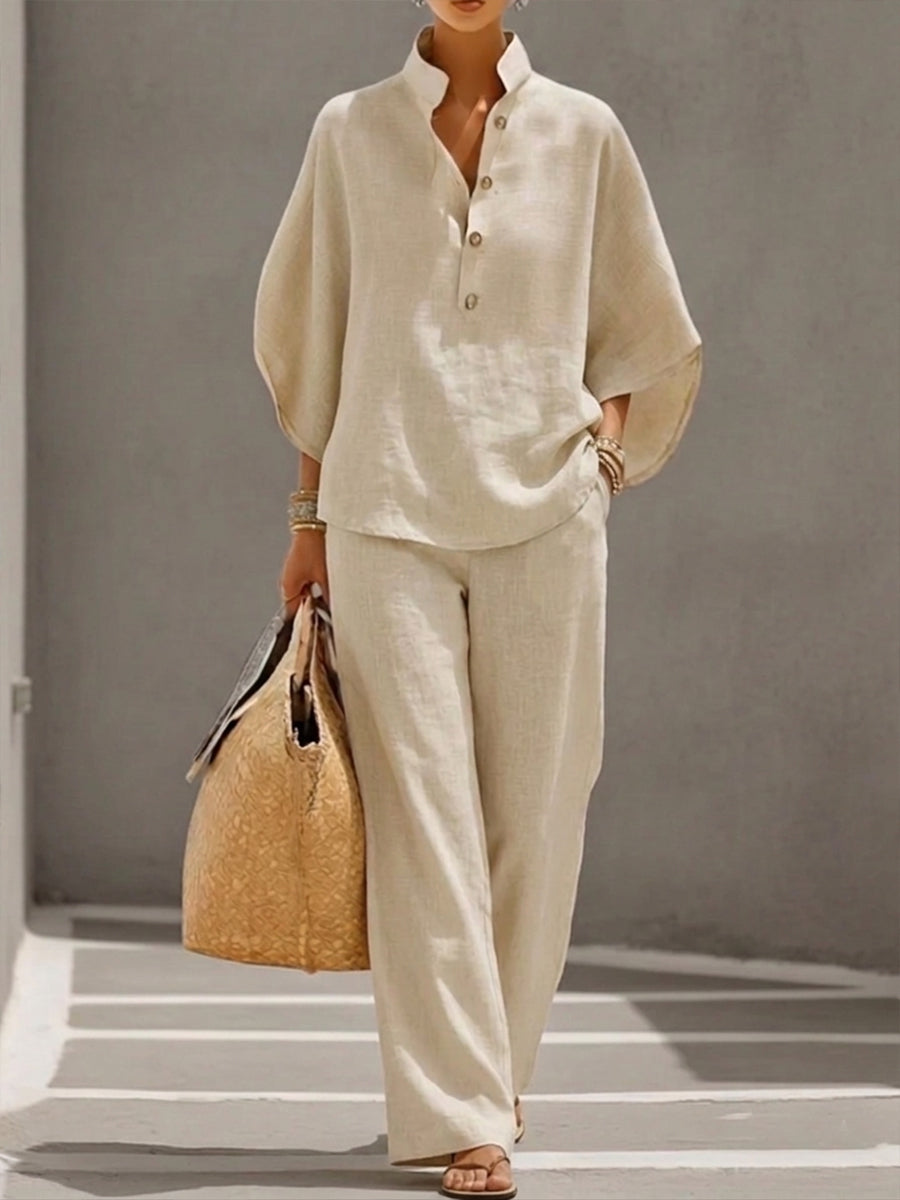Eszter™ | Ensemble en coton et toile avec manches chauve-souris et pantalon à jambes larges