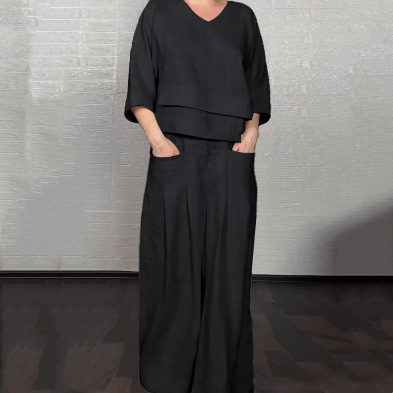 Liza - Ensemble en coton et toile 2 pièces - Haut à col en V et pantalon à jambes larges