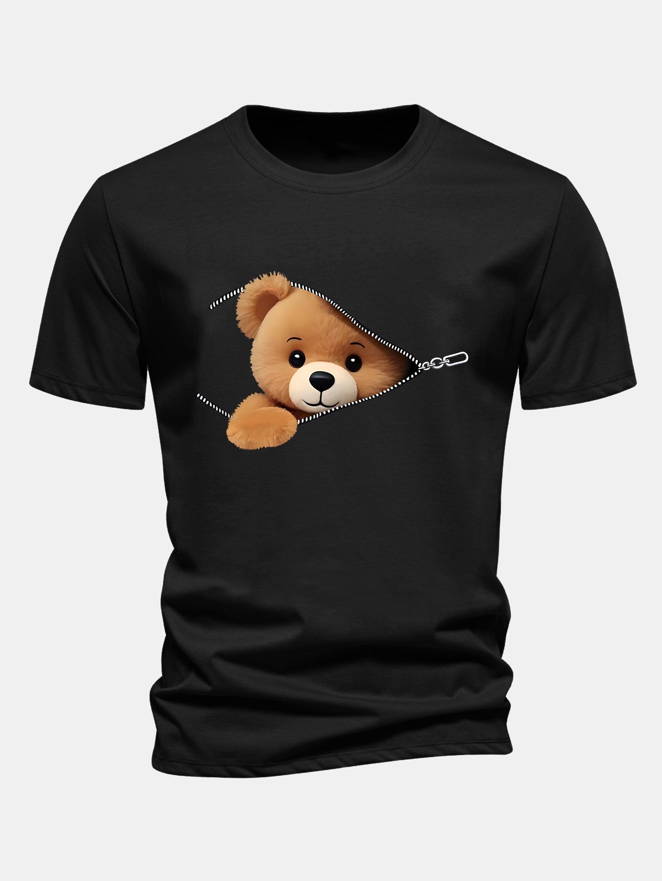 Regular Fit Zipper Bear Print Cotton T-Shirt
