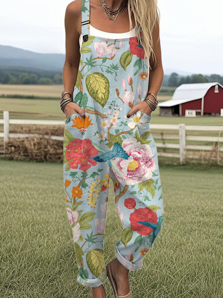 Women's Retro Floral Art Print Relaxed Wide-Leg Jumpsuit