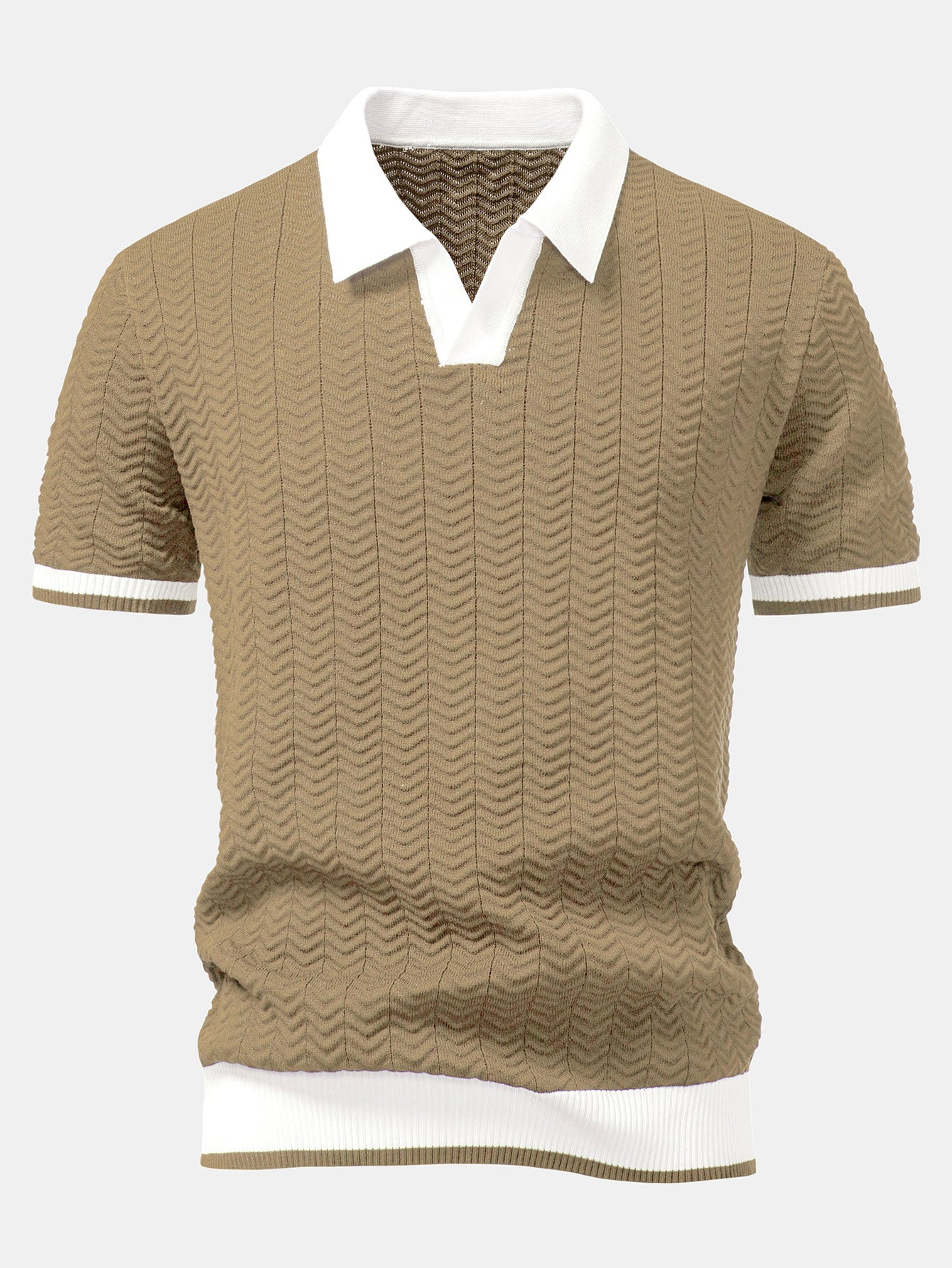 Texture Contrast Knitted V Neck Polo Shirt
