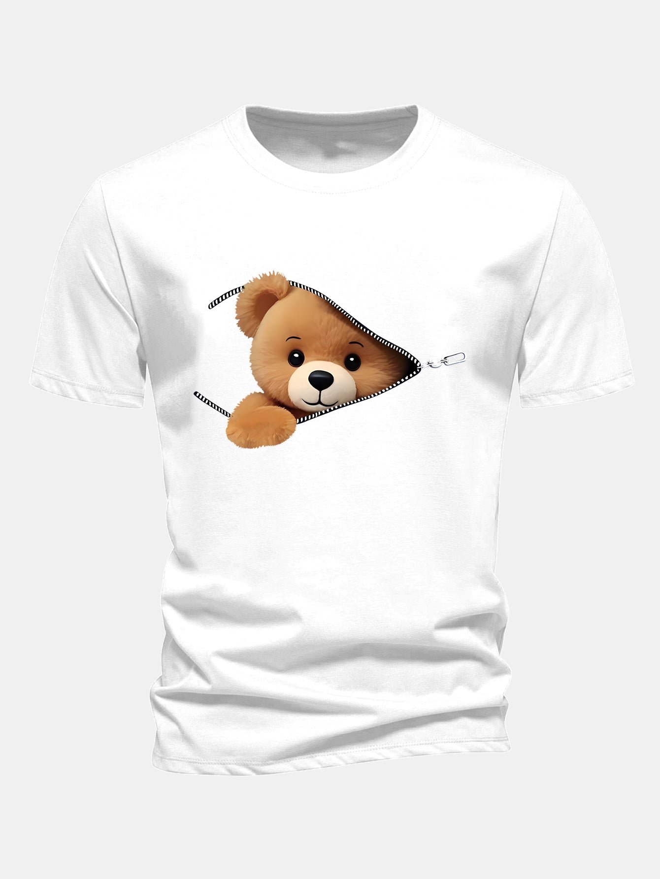 Regular Fit Zipper Bear Print Cotton T-Shirt