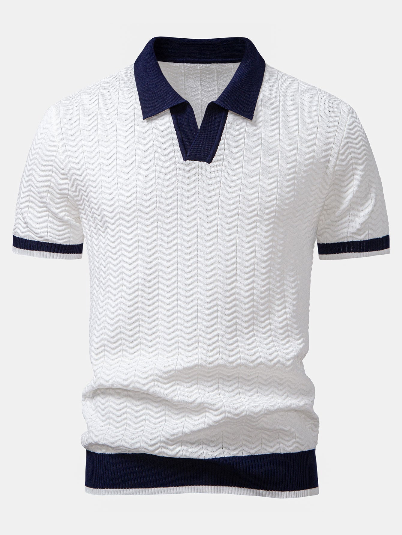Texture Contrast Knitted V Neck Polo Shirt