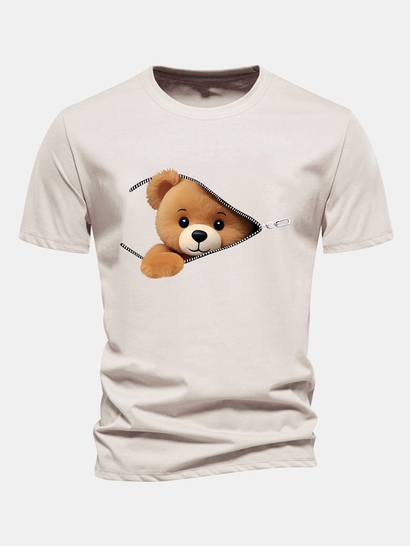 Regular Fit Zipper Bear Print Cotton T-Shirt