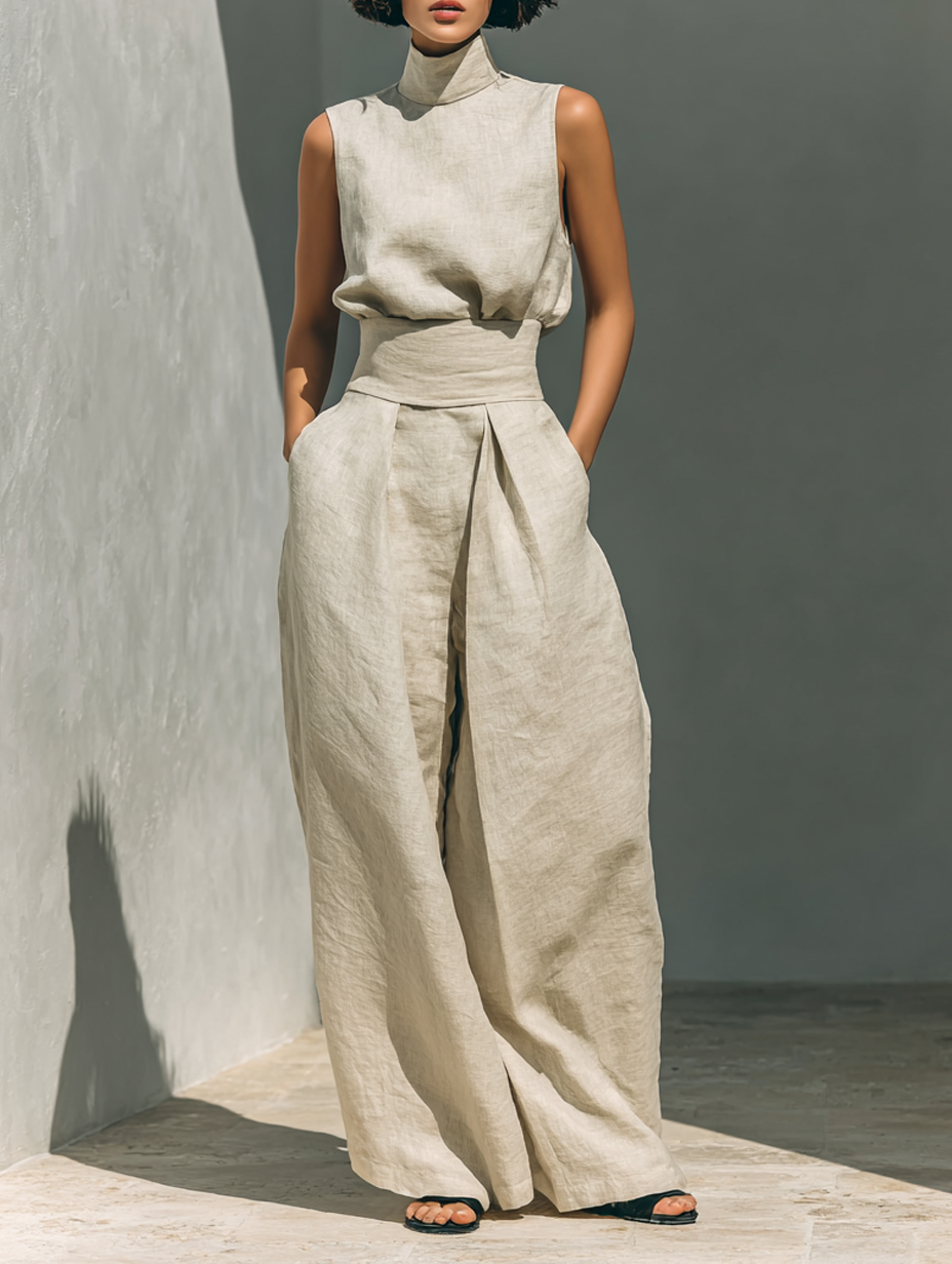 Lili – Ensemble minimaliste en coton et toile : débardeur et pantalon ample pour femmes