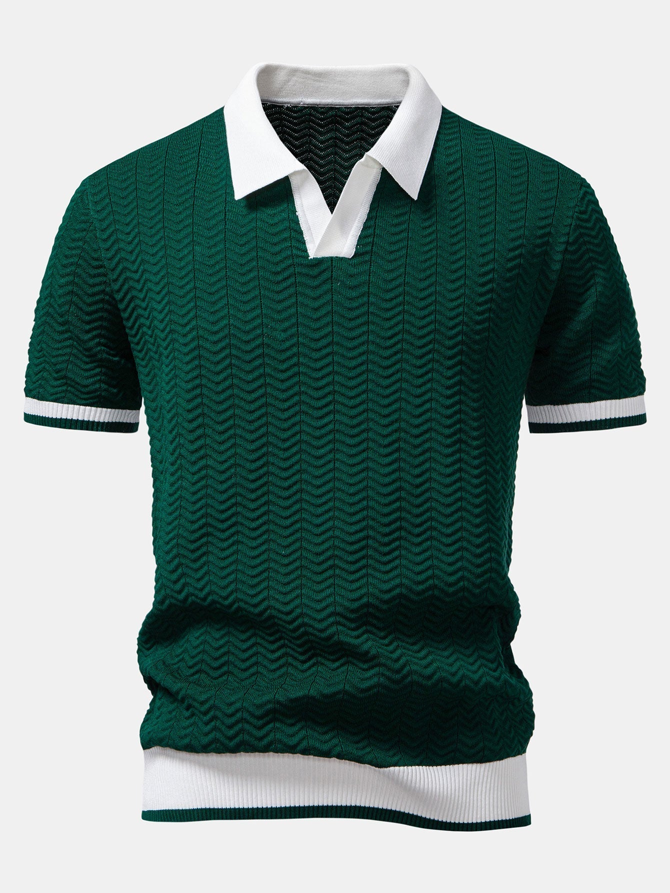 Texture Contrast Knitted V Neck Polo Shirt