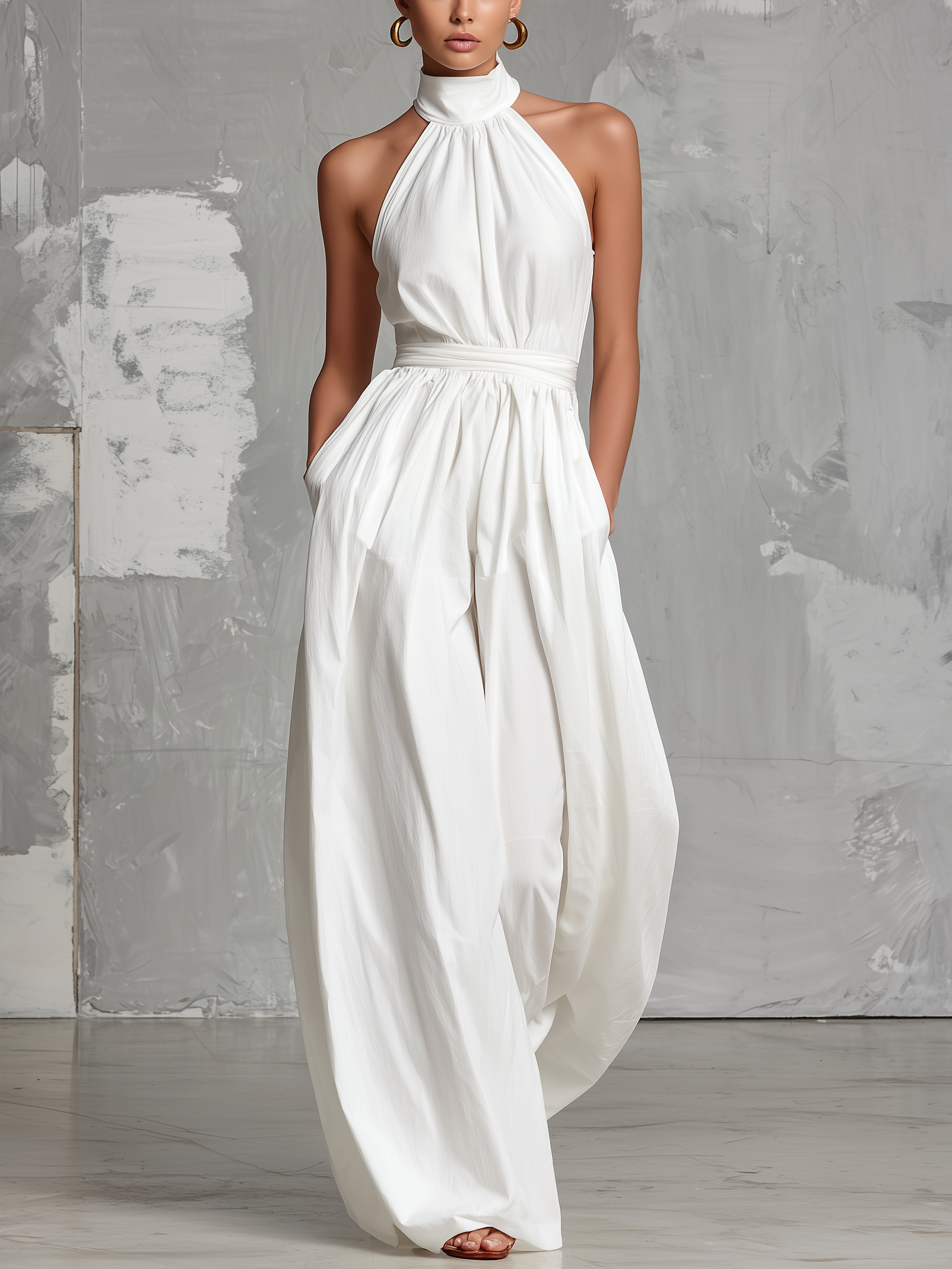 Combinaison élégante blanche tissée, sans manches, à col halter