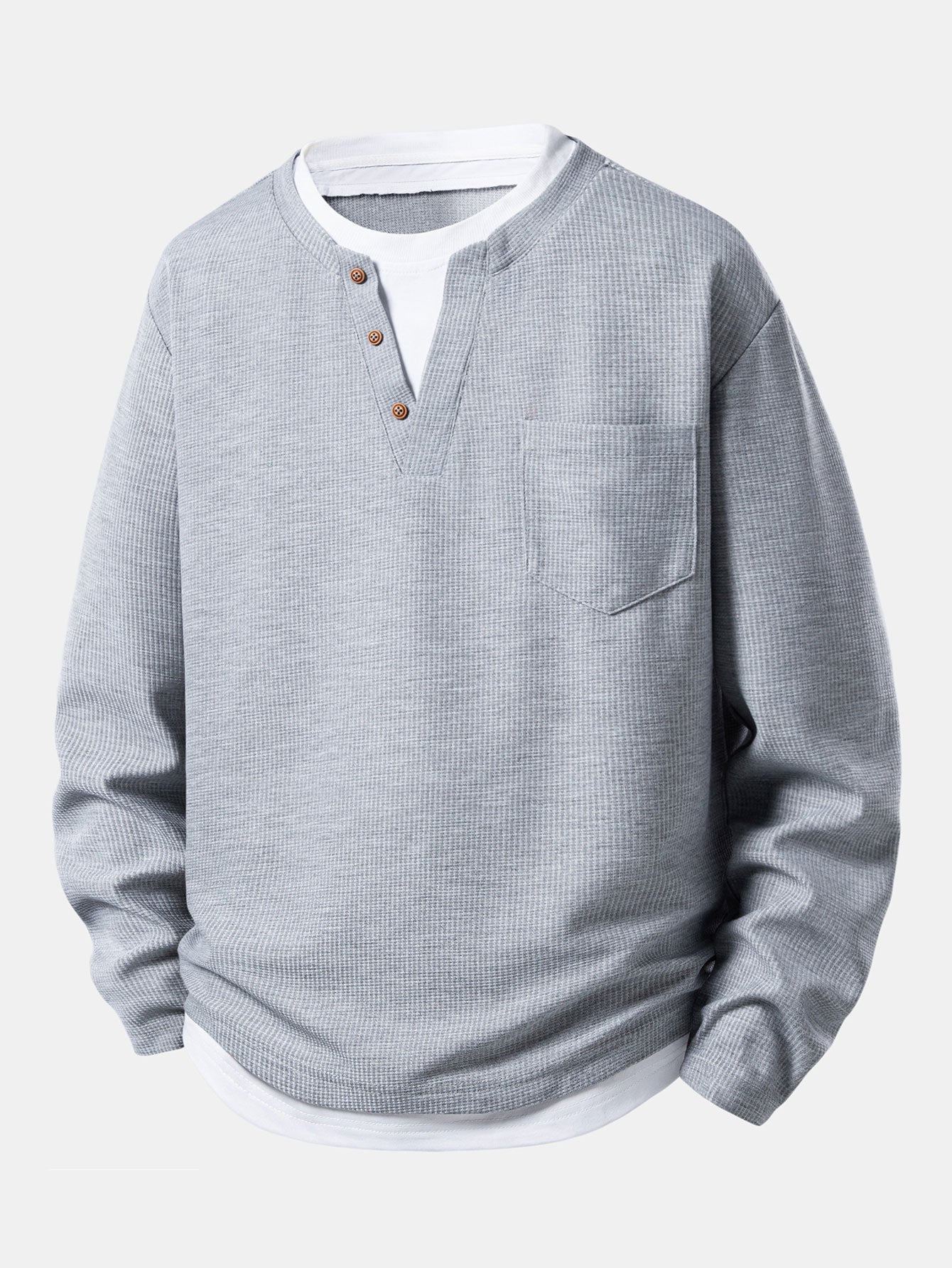 2 In 1 Button V-Neck Waffle T-Shirt With Pocket