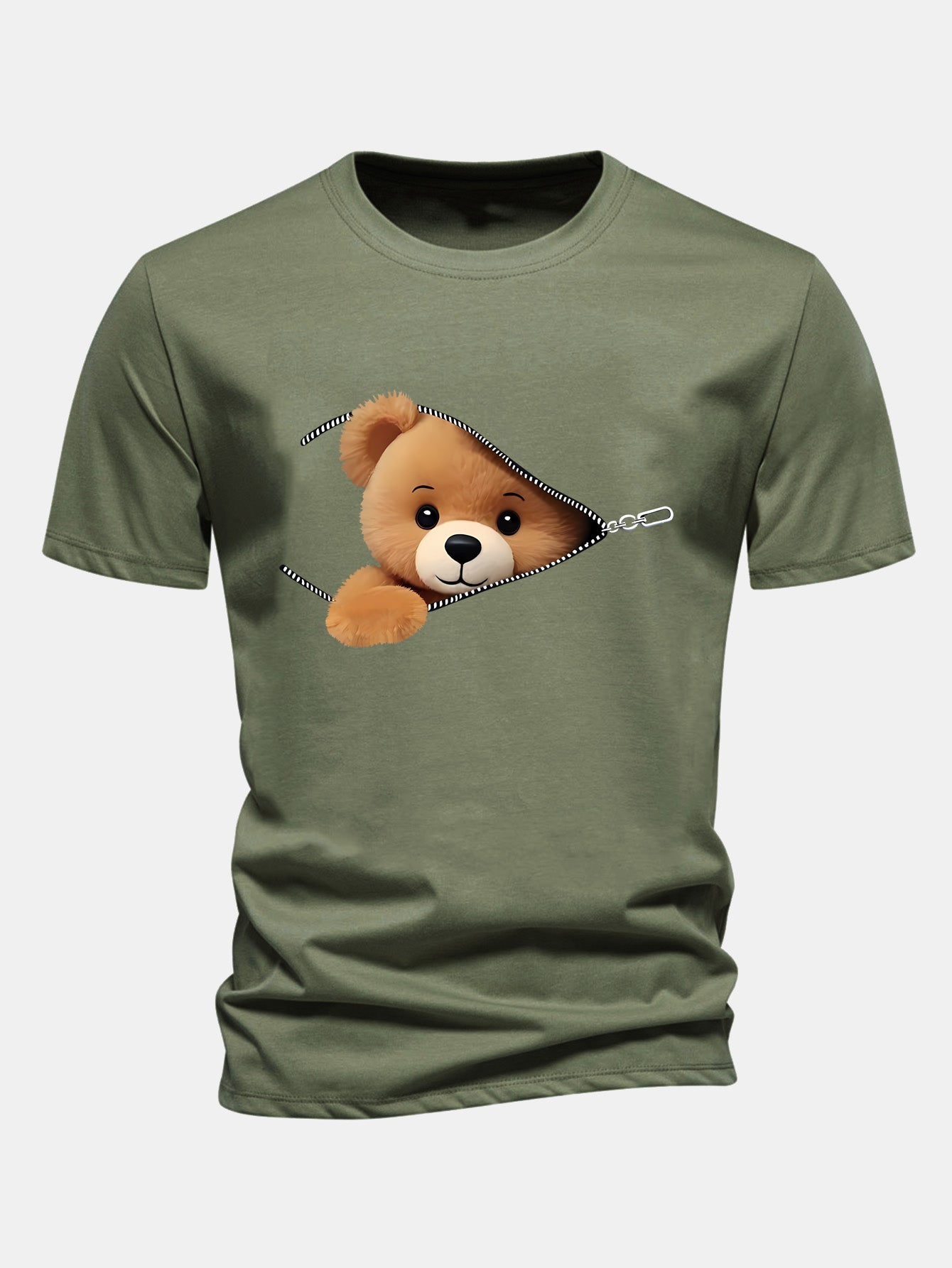 Regular Fit Zipper Bear Print Cotton T-Shirt