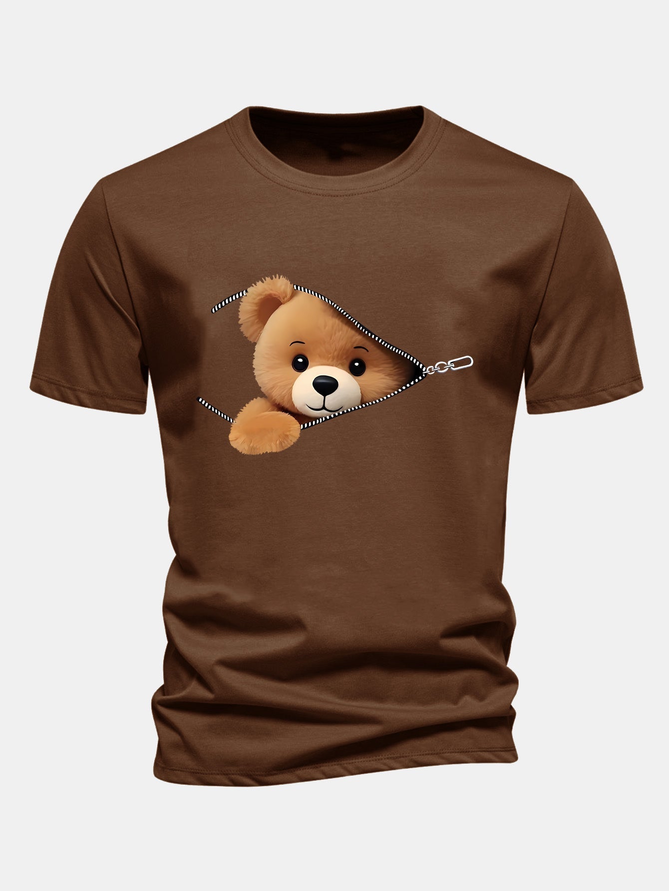 Regular Fit Zipper Bear Print Cotton T-Shirt