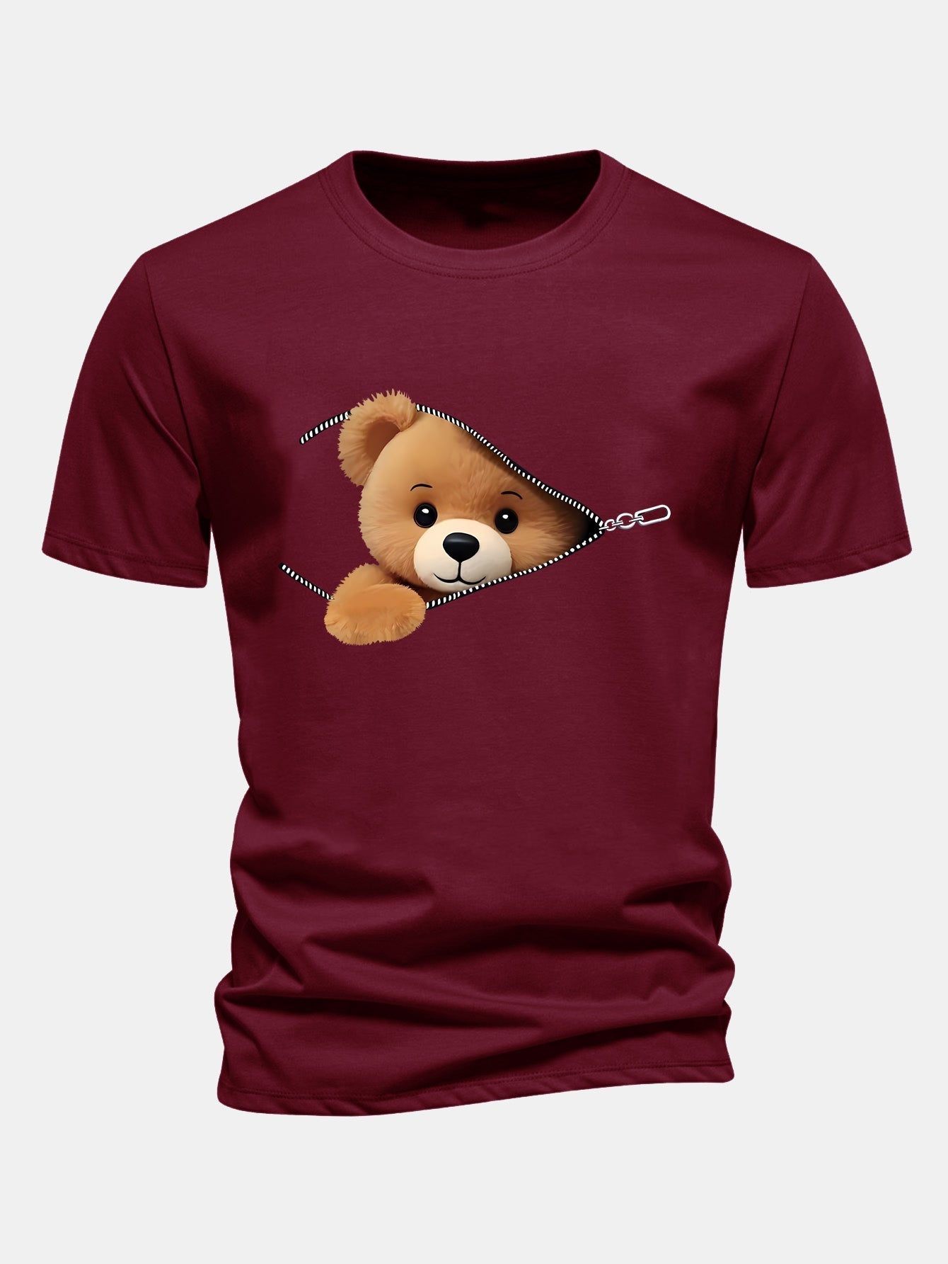 Regular Fit Zipper Bear Print Cotton T-Shirt