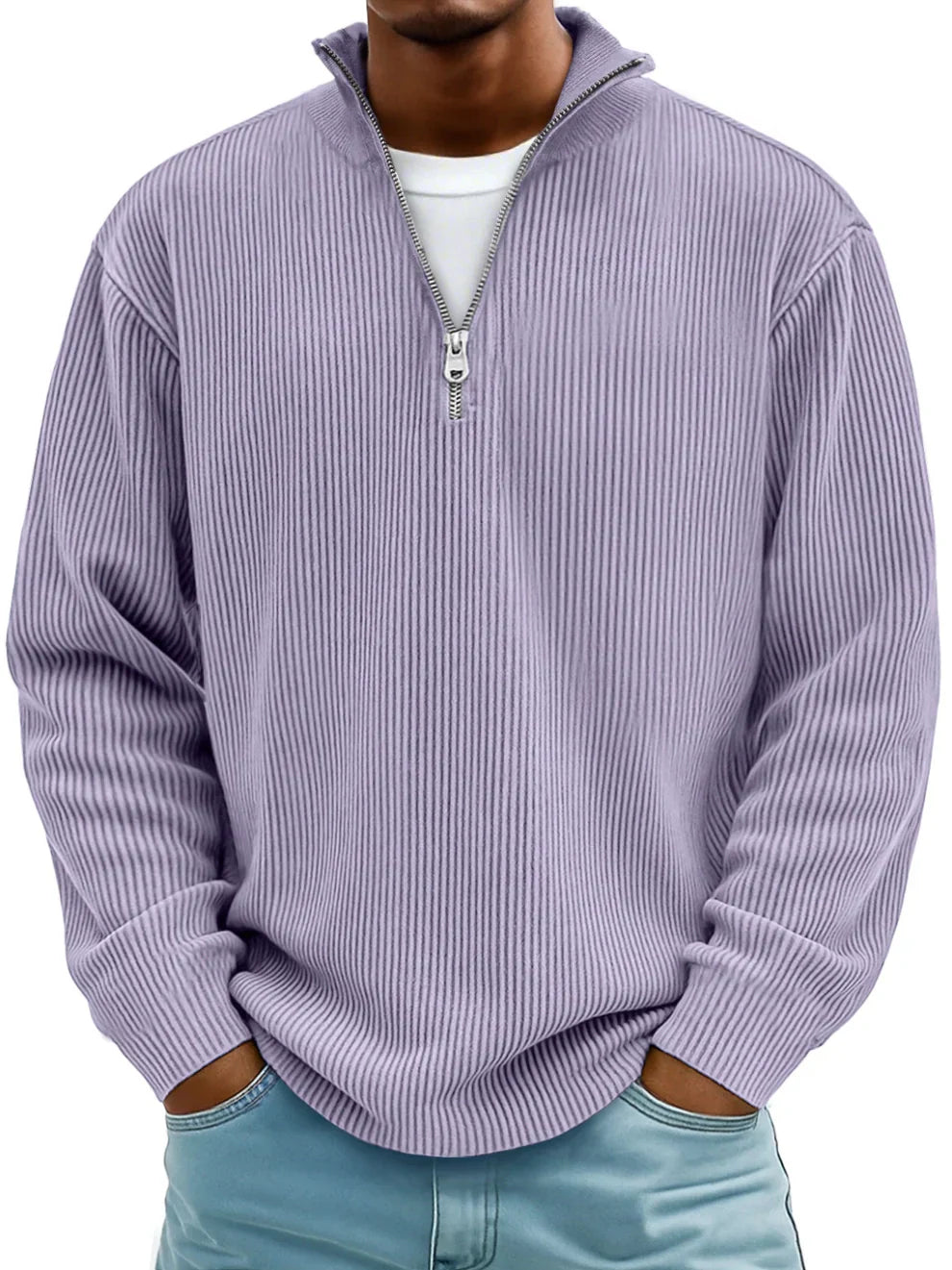 PULL CLASSIQUE EN MAILLE CÔTELÉE DEMI-ZIP POUR HOMME