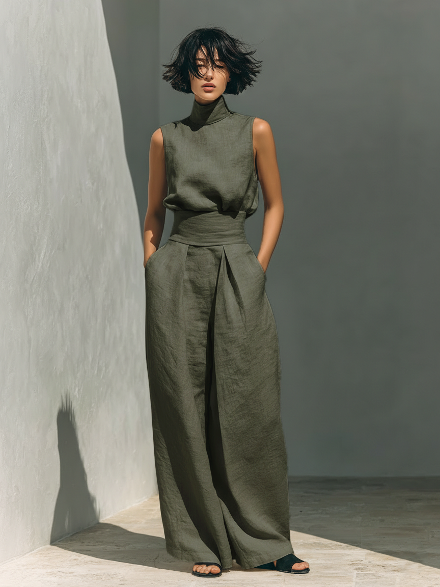 Lili – Ensemble minimaliste en coton et toile : débardeur et pantalon ample pour femmes