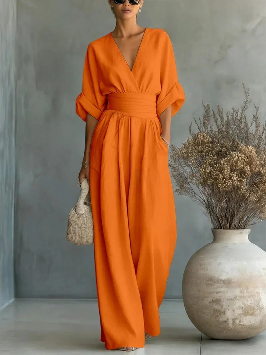 Combinaison élégante à col en V et taille haute