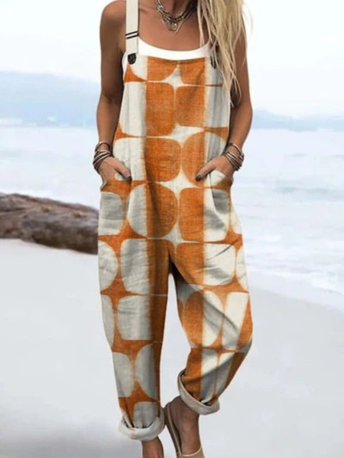 Casual Wide Leg Jumpsuit with Abstract Geometric Art Print