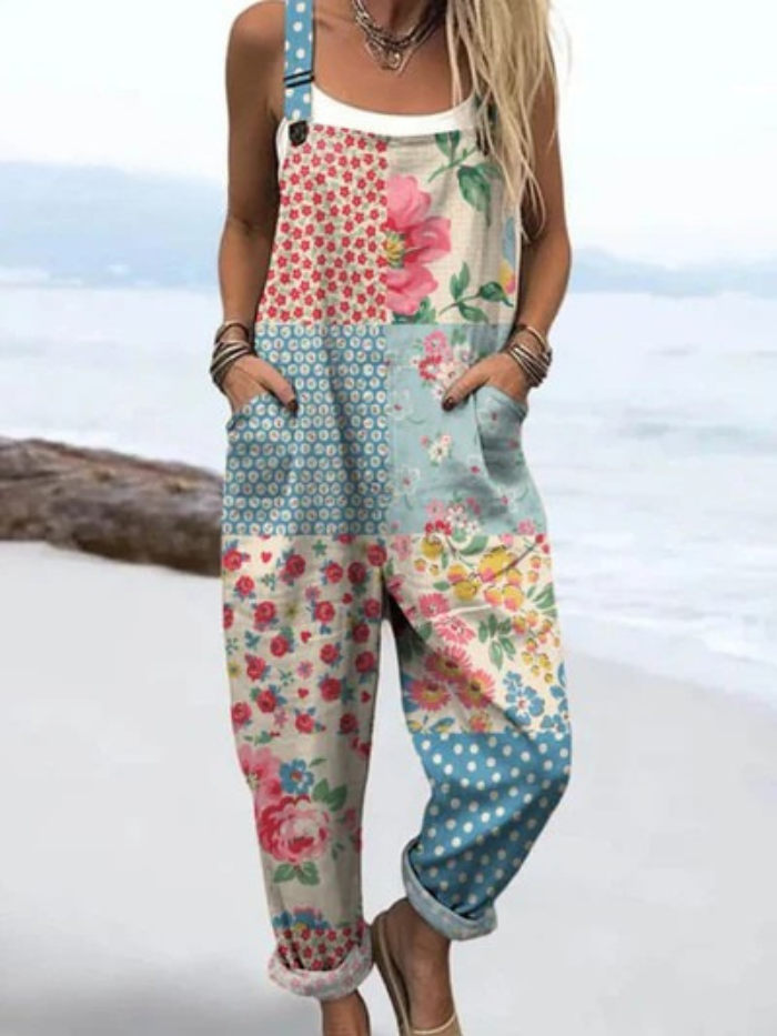 Women's Casual Wide Leg Jumpsuit with Vintage Floral Patchwork Print