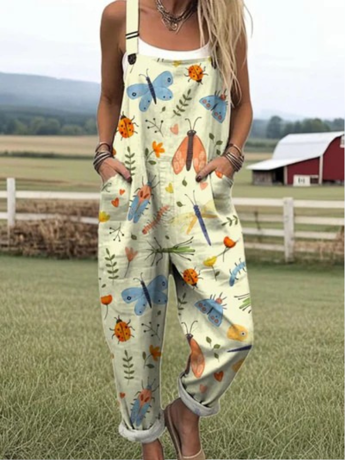 Lara | Wide Leg Jumpsuit with Whimsical Insect Pattern Art Print