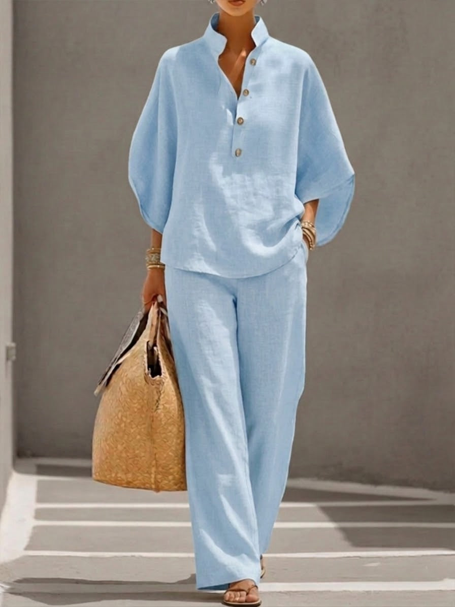 Eszter™ | Ensemble en coton et toile avec manches chauve-souris et pantalon à jambes larges
